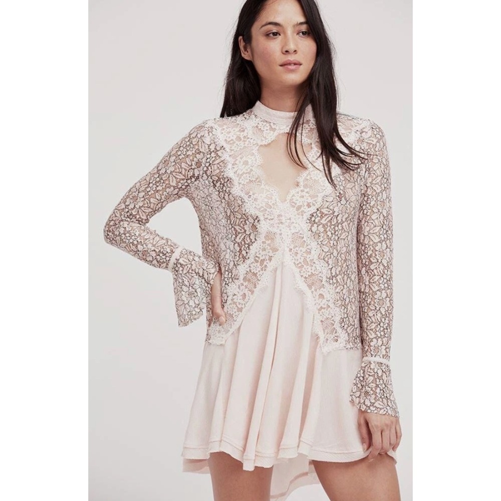 Free People Tell Tale Heart Tunic Womens Small Ivory Black Lace Boho Cottagecore